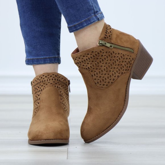 Tan Round Toe Low Heel Ankle Boots Faux Suede Lacer Cut Design - Picture 9 of 12